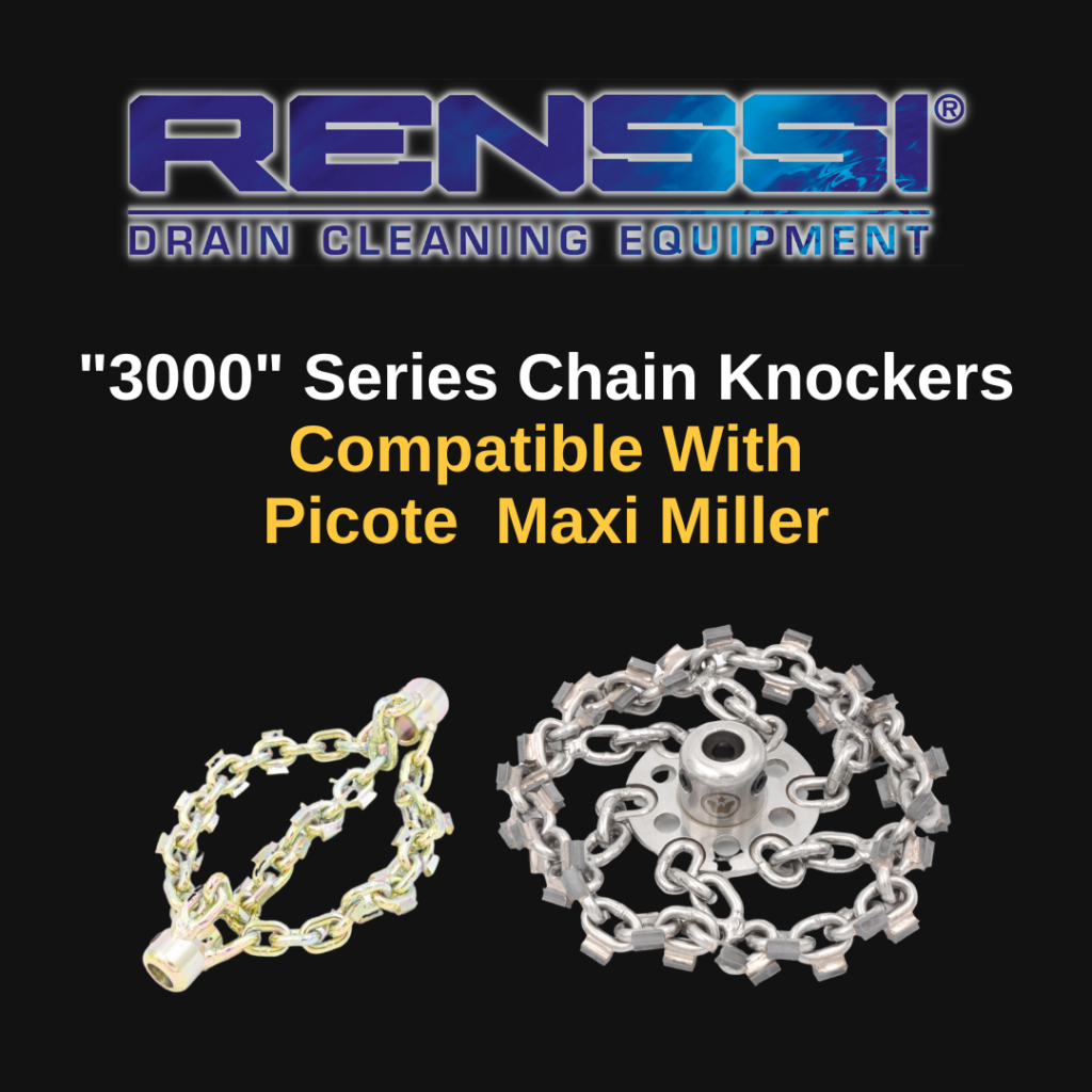 Renssi 3000 Apex Picote compatible drain cleaning chains knockers for sewer pipe cleaning, CIPP prep, trenchless pipe repair